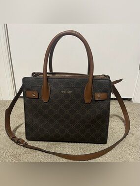 Nine West Dark Brown Monogram Satchel with Tan Handles